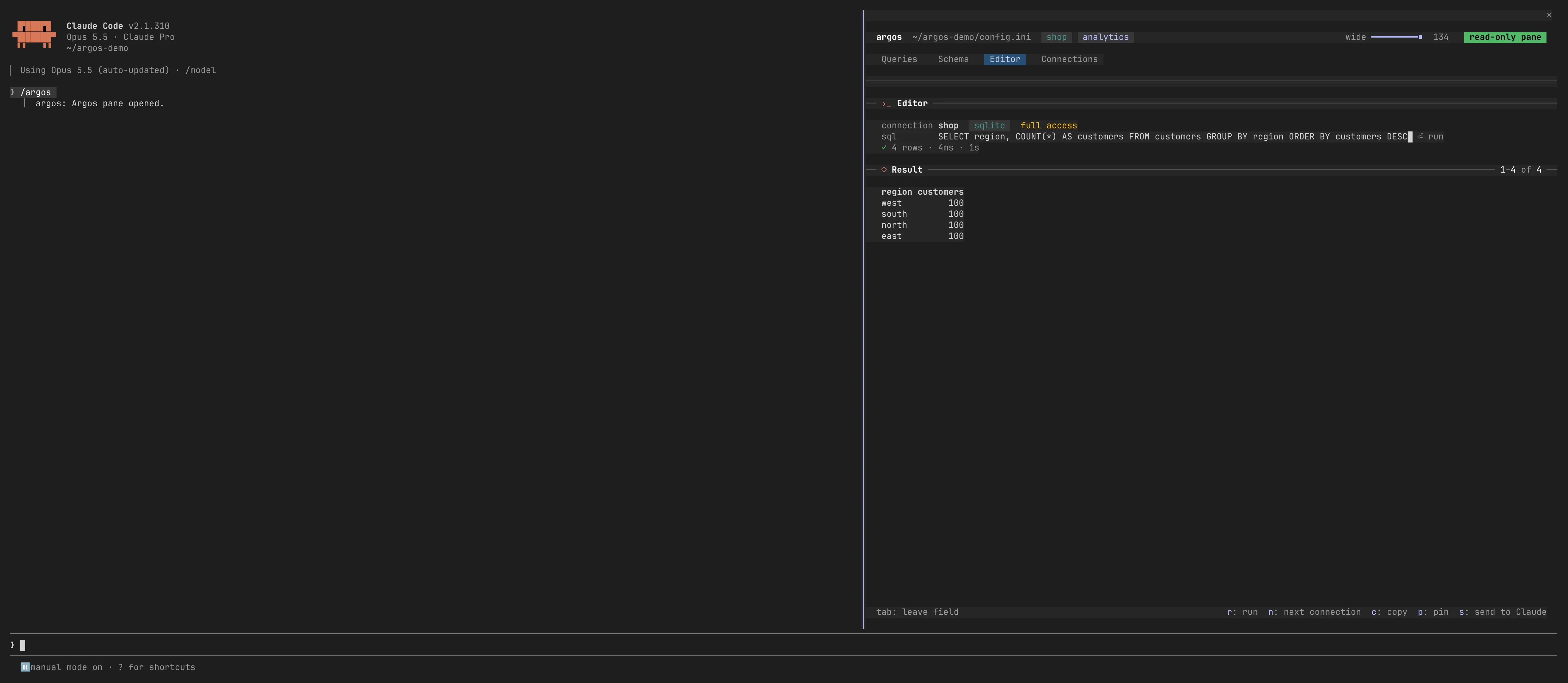 Editor tab with a query against the shop database and its result below