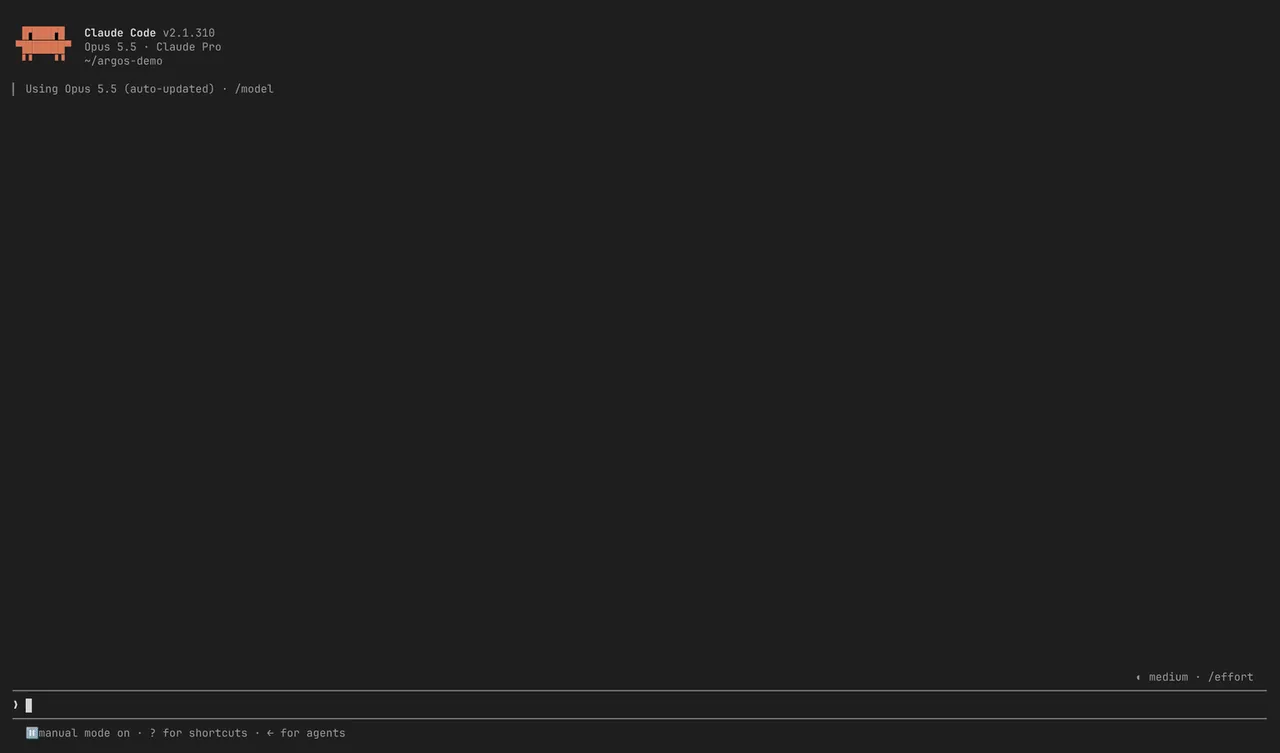 A Claude Code session with the Argos pane: /argos opens it on Connections, Claude is asked which 10 customers spent the most in shop and its query lands in Queries with its result grid, the Schema tab shows orders with its keys and relations, and the Editor refuses DELETE FROM orders