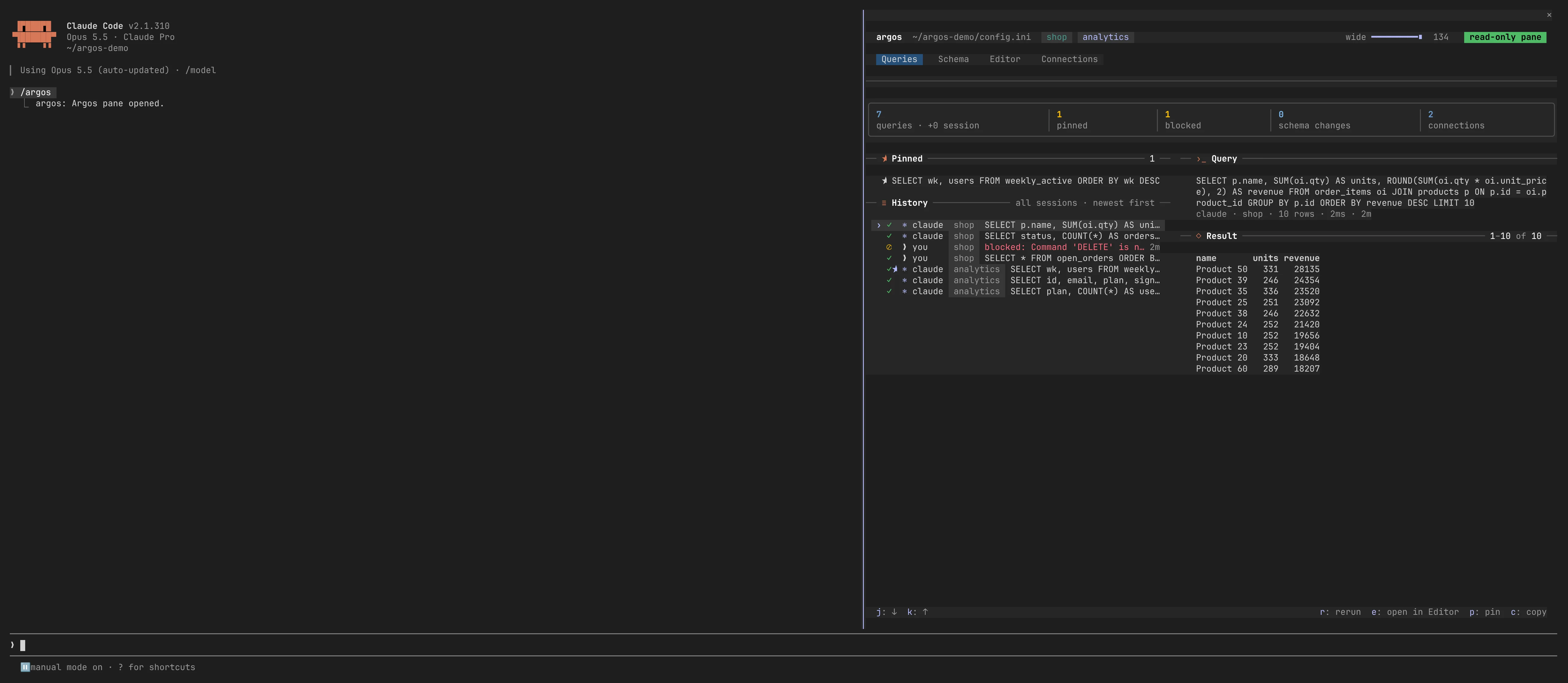 Queries tab with the history tagged claude or you, one pinned query, one blocked DELETE, and the selected query's SQL with its result grid