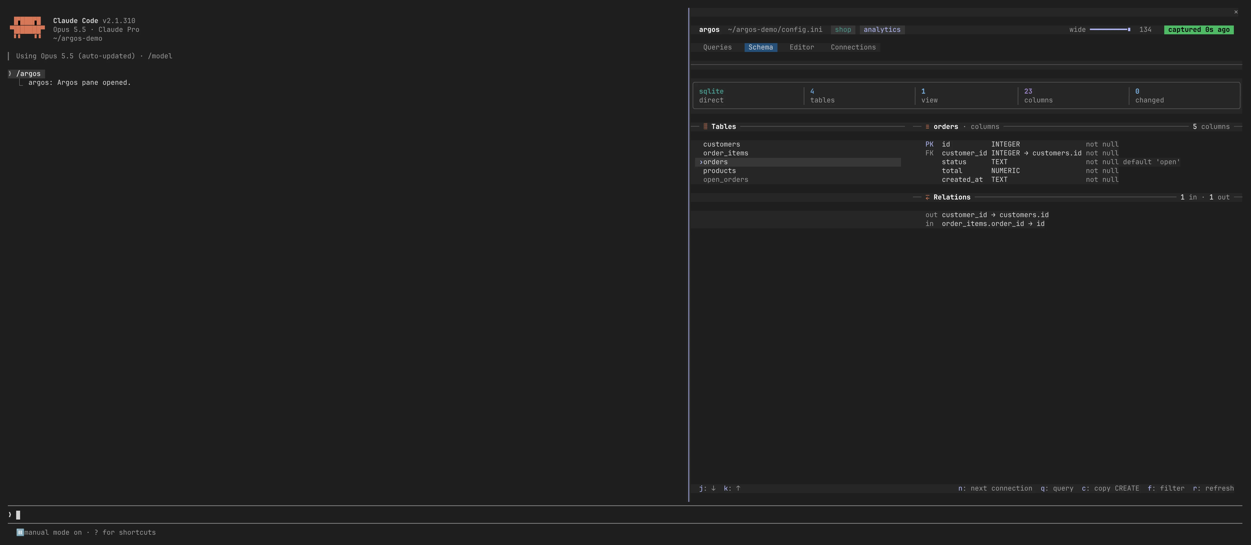 Schema tab with the orders table open, showing its primary and foreign keys and its relations