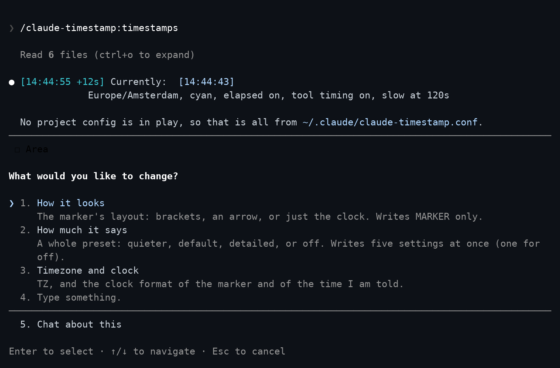 Het commando in de chat, met presets en een voorbeeld van elke tijdstempel
