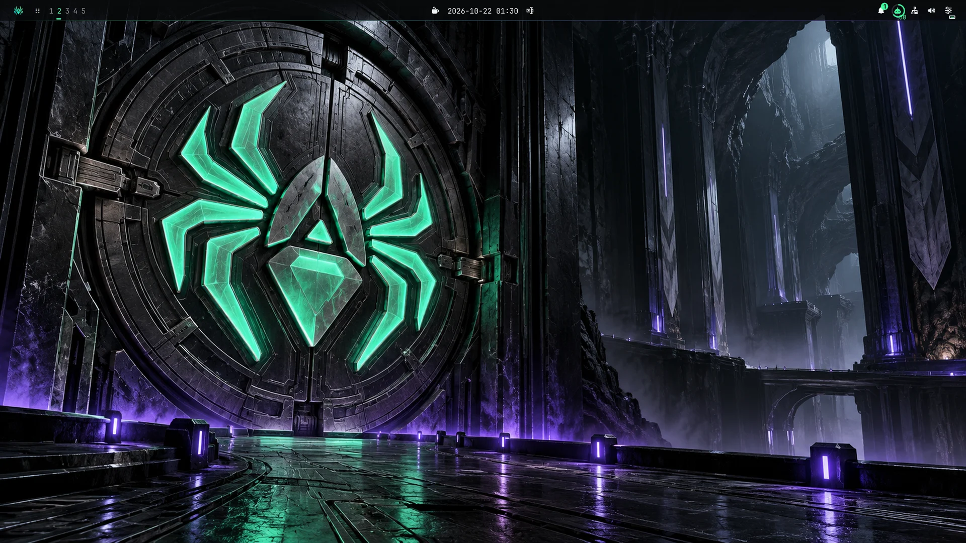 Aranea Desktop with the Silken Vault wallpaper, spider mark and coordinated system bar