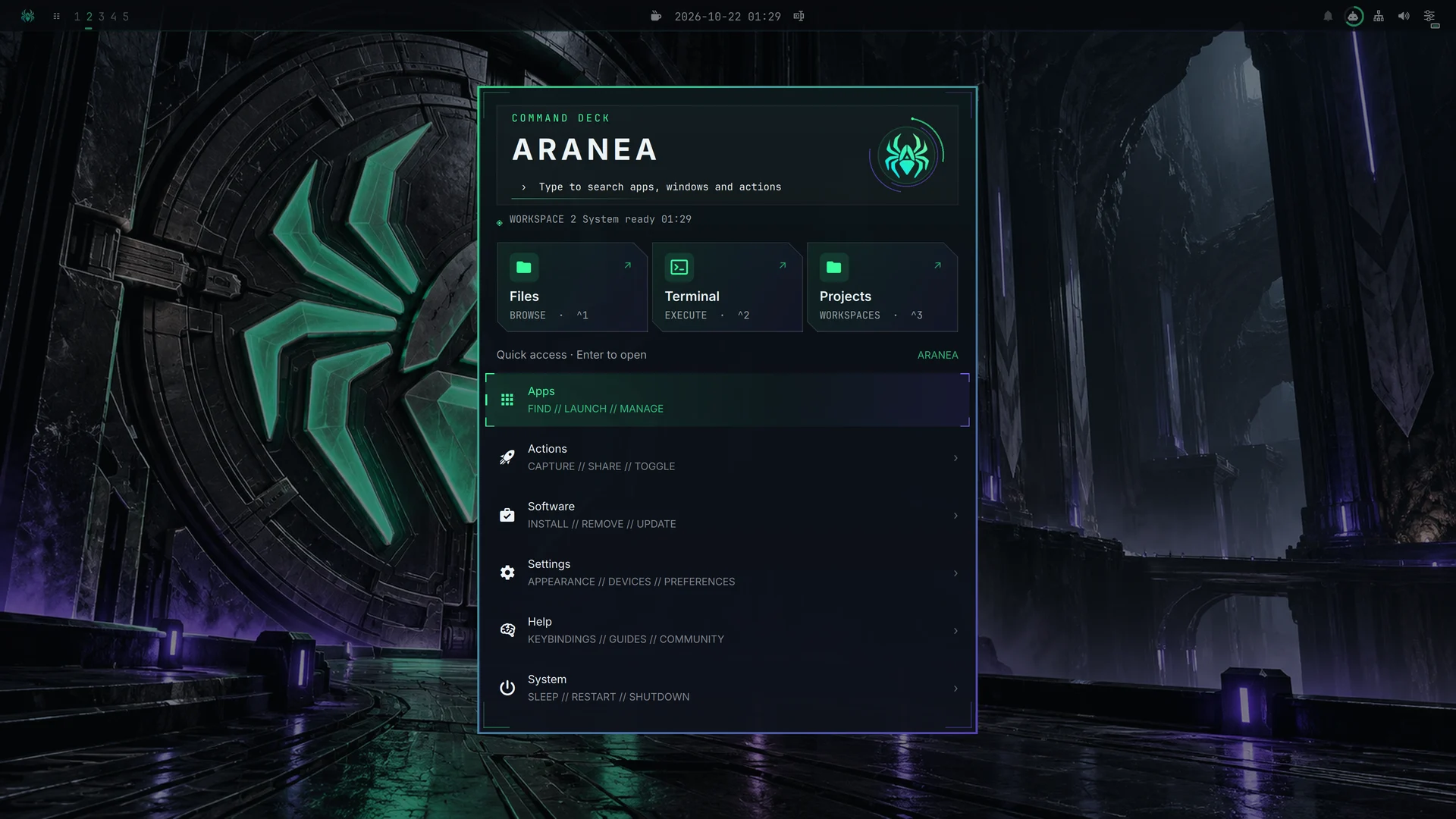 Aranea command center over the desktop, with Files, Terminal, Projects and grouped actions