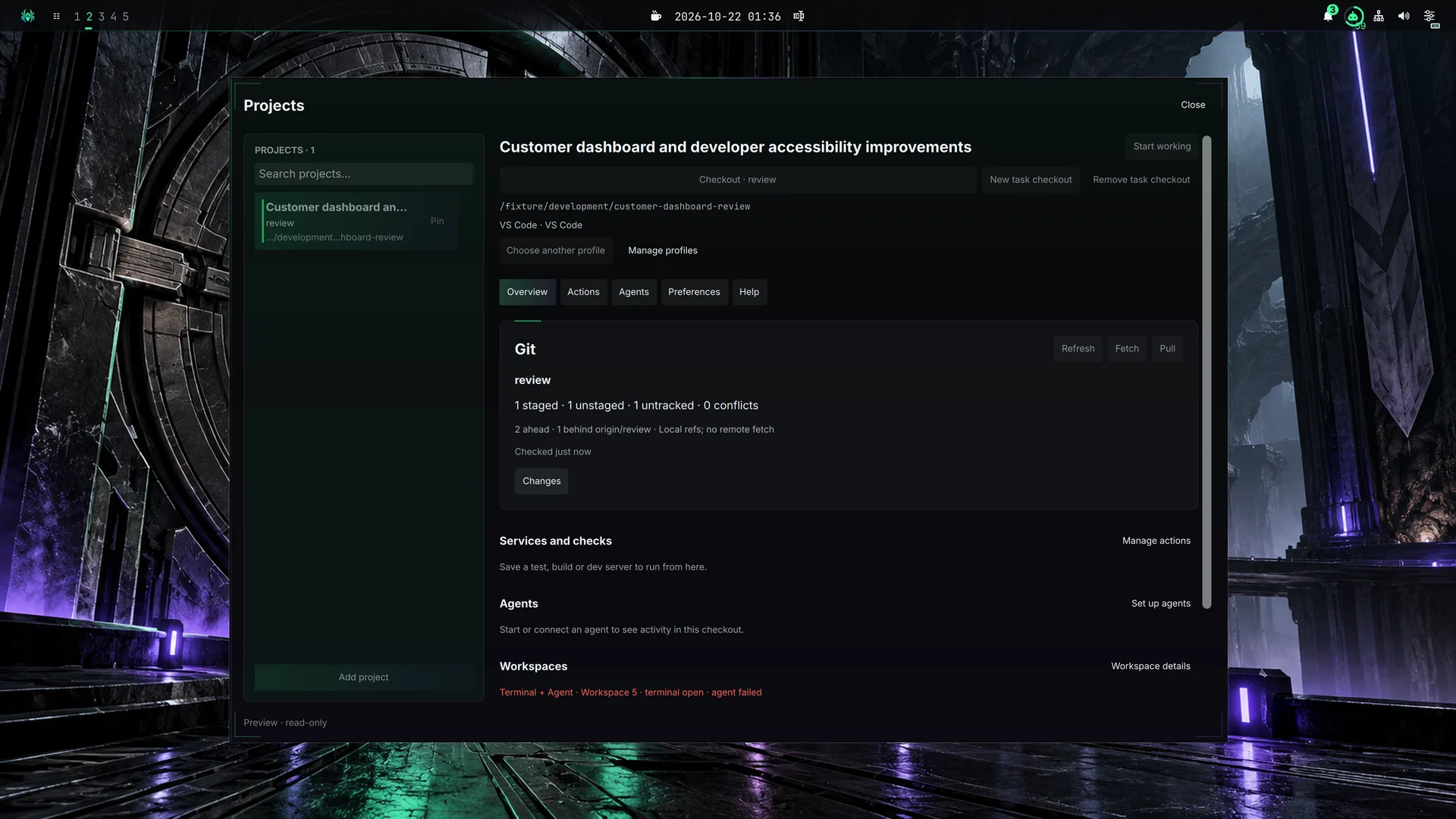 Aranea project overview with a project's working copy, tools and actions