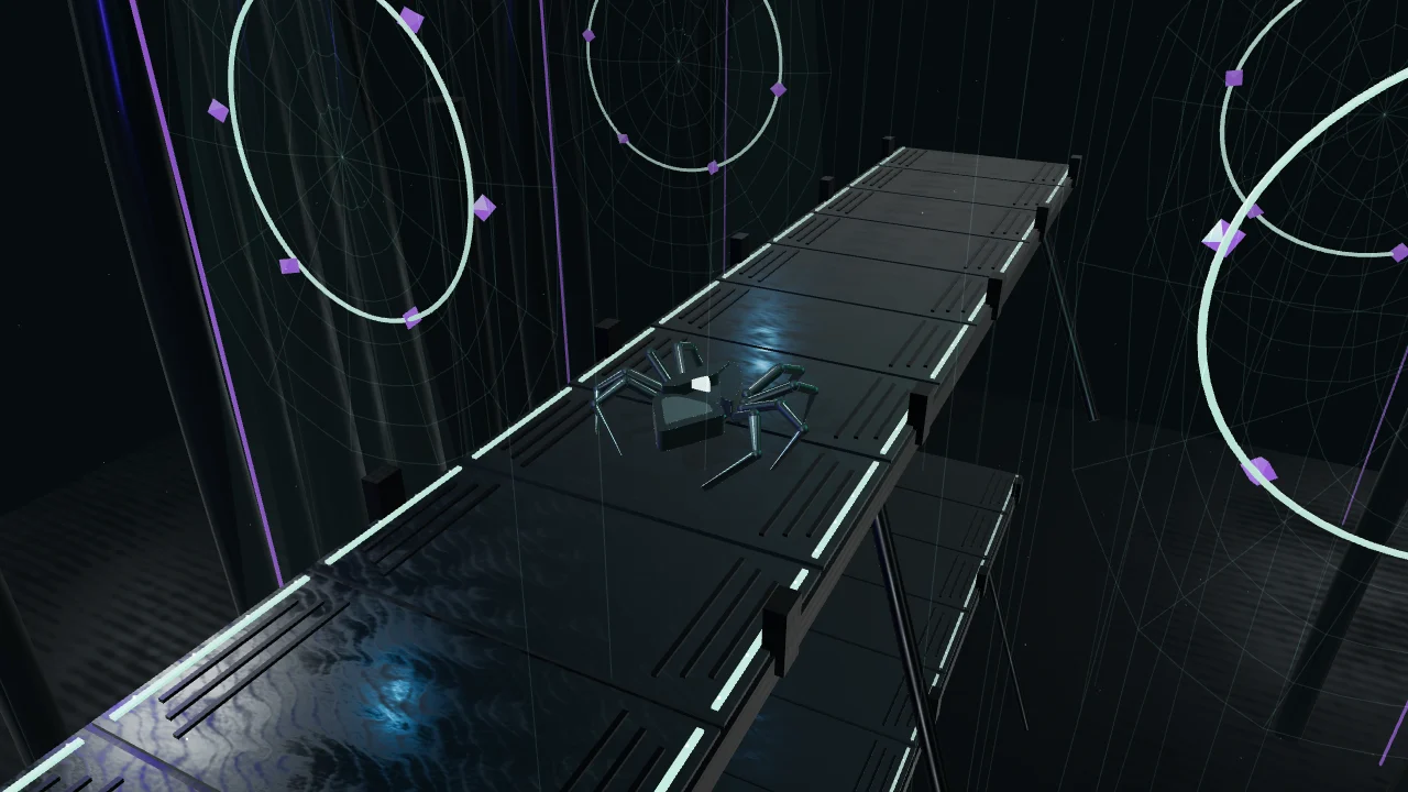 The articulated Aranea spider in the silk-lit architecture of the Silk Journey screensaver