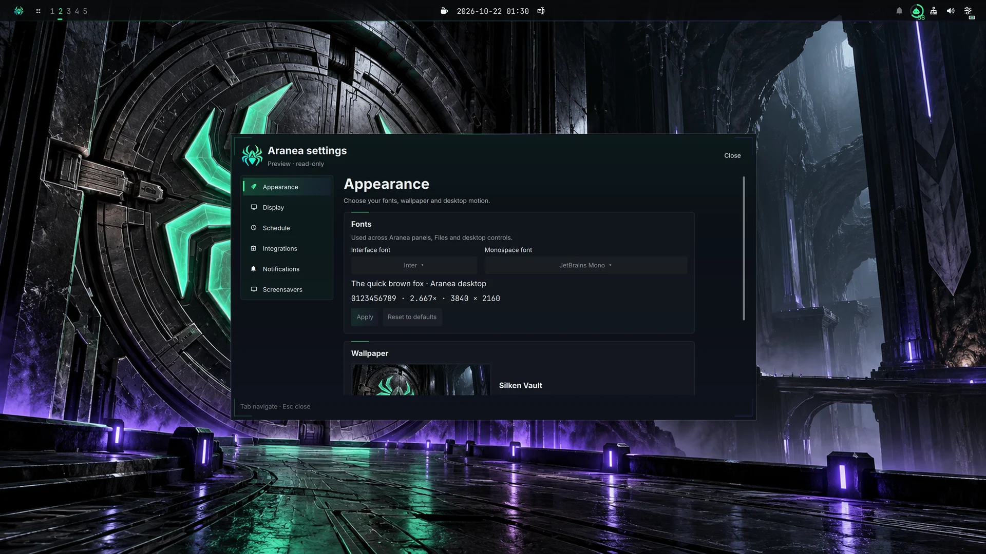 Aranea desktop preferences for appearance and application integrations