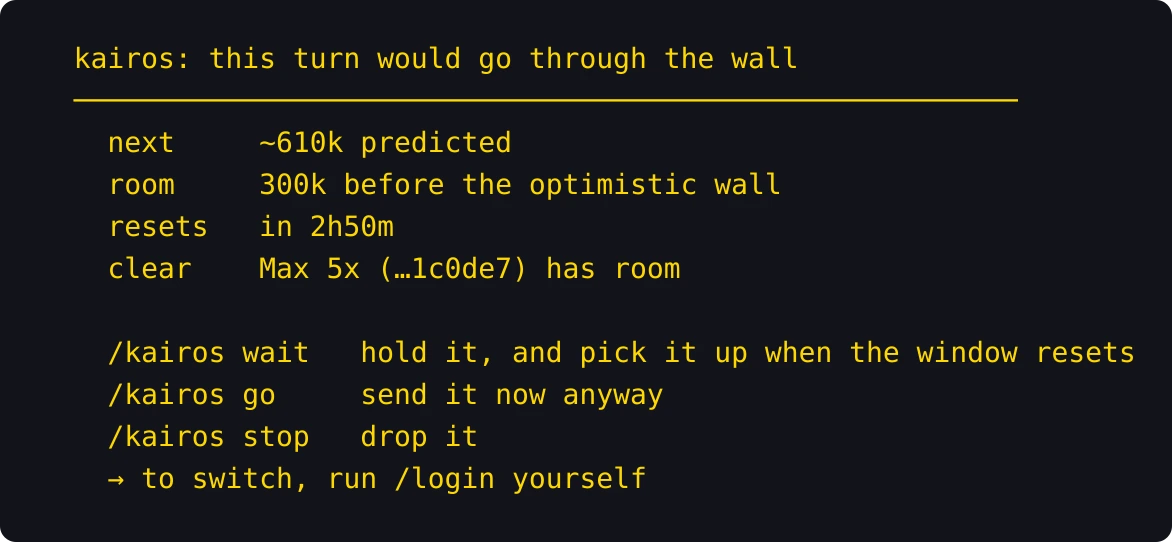 Kairos houdt een prompt tegen: de voorspelde kosten van de volgende beurt, de ruimte tot de optimistische muur, wanneer het venster reset, een ander account met ruimte, en de keuze om te wachten, toch te versturen of te laten vallen