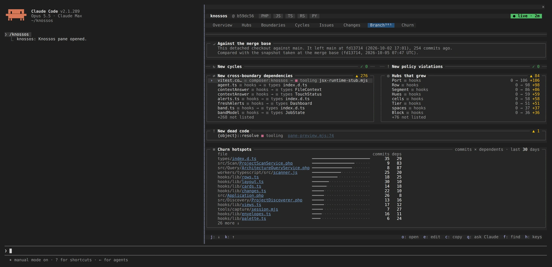 De tab Branch: wat deze checkout toevoegde ten opzichte van de merge base met main, als nieuwe dependencies over boundaries heen, hubs die groeiden, nieuwe dead code en churn-hotspots
