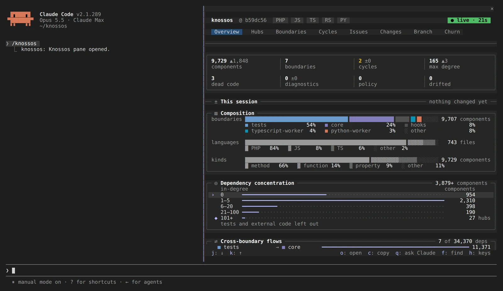 De tab Overview naast Claude Code: de belangrijkste aantallen, deze sessie, de opbouw naar boundary, taal en soort, hoe de dependencies zich concentreren en de stromen tussen boundaries